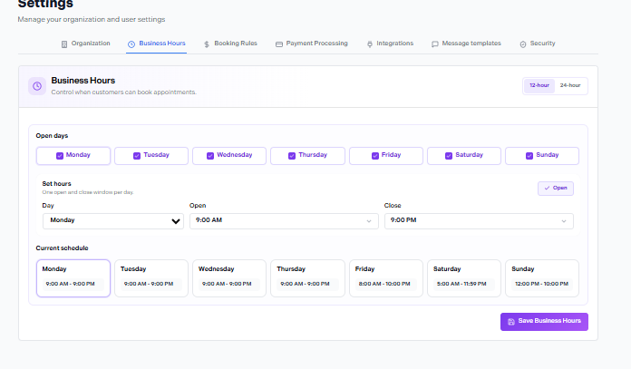 Business Hours settings page